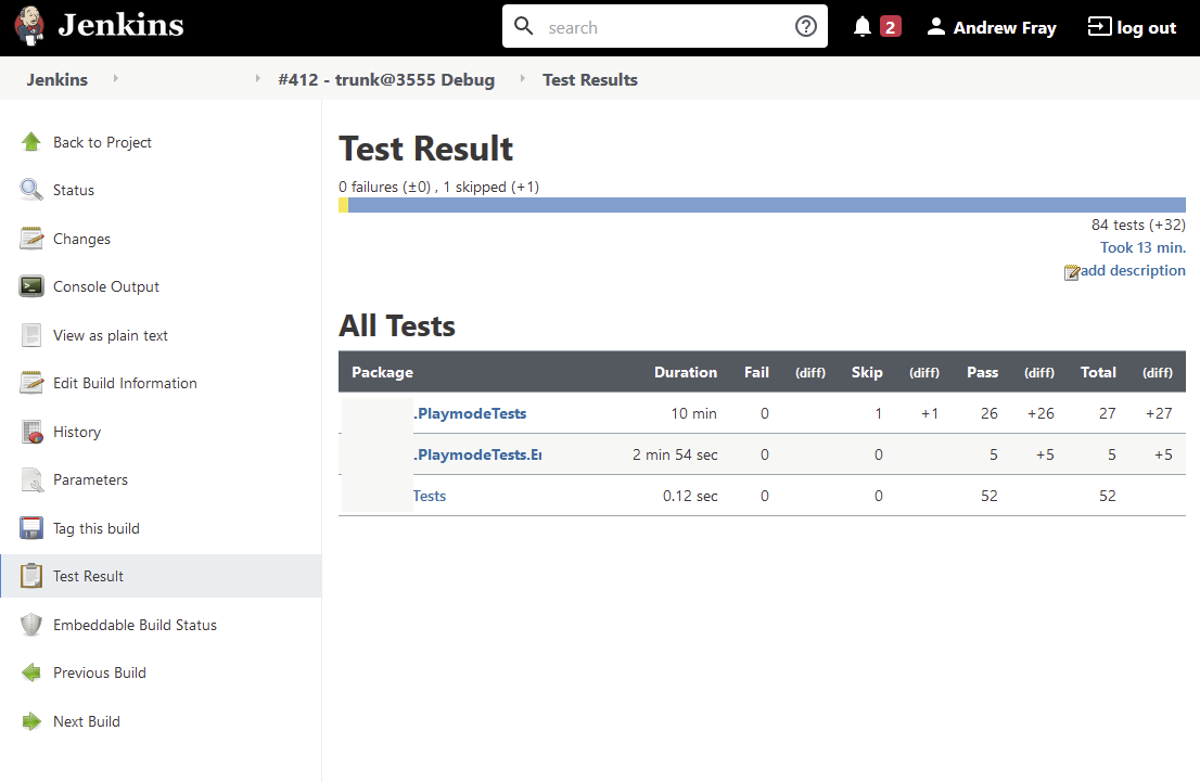 A Jenkins Test Result page for build #412 showing 84 tests, 0 failures and 1 skipped, split across three redacted test packages