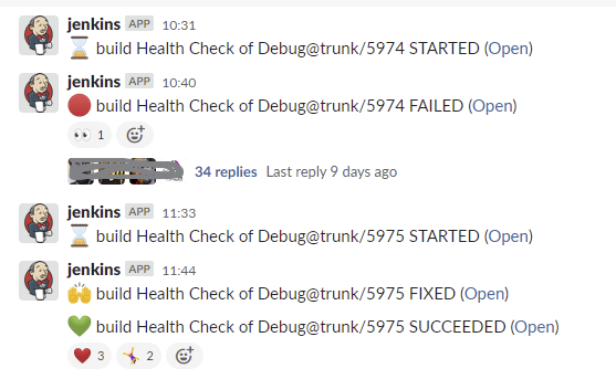 Slack messages from the jenkins app with emoji for a Health Check build that started, failed with 34 replies, then was fixed and succeeded