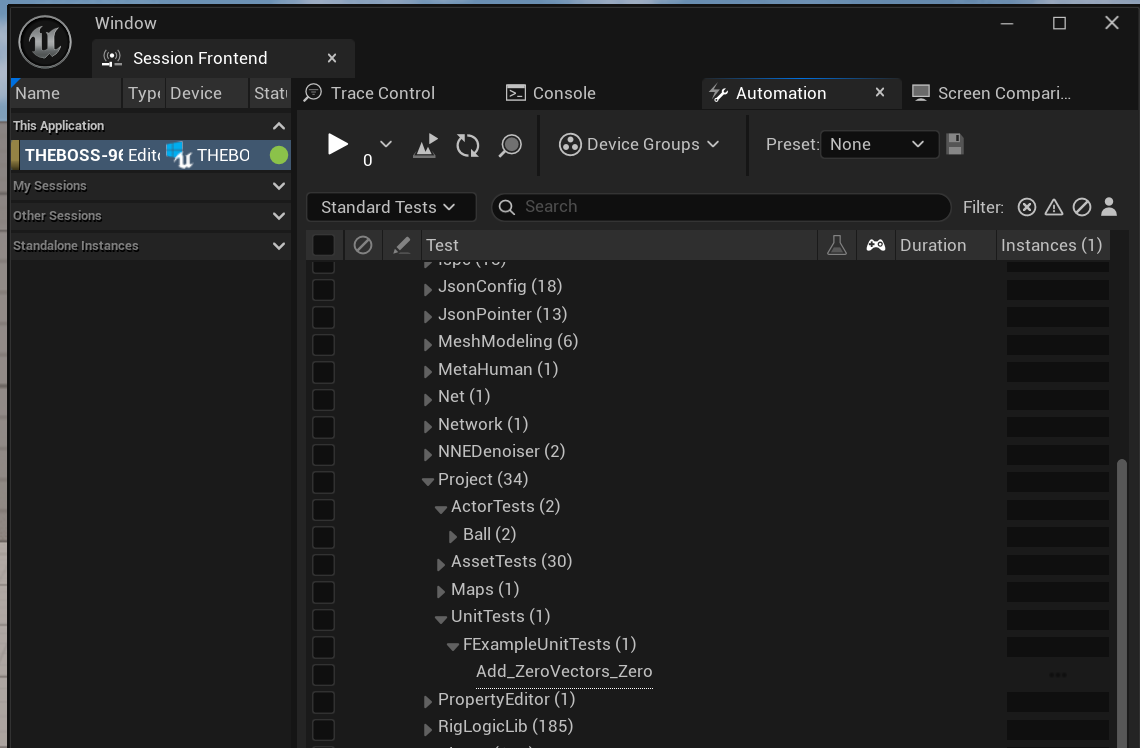 Unreal Session Frontend window on the Automation tab, with the Project test group expanded down to an Add_ZeroVectors_Zero unit test