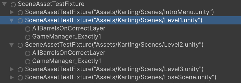 Unity Test Runner tree with a SceneAssetTestFixture per Karting scene, each running AllBarrelsOnCorrectLayer and GameManager_Exactly1