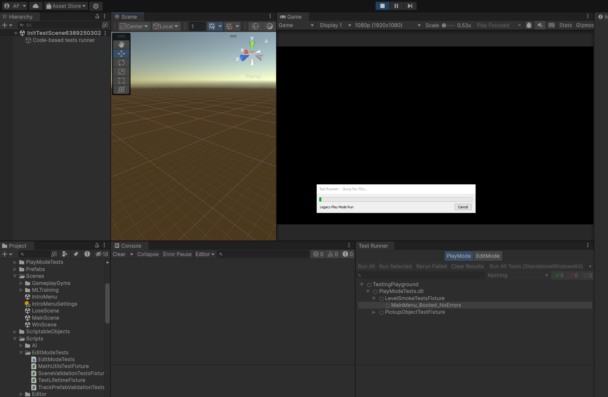 A running empty unity playmode test, showing an empty Hierarchy and blank scene view.