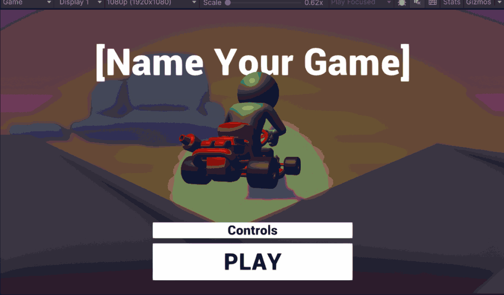A main menu showing PLAY, a mouse pointer selects the button. A kart track loads, and counts in 3 2 1 before the kart drives off. 