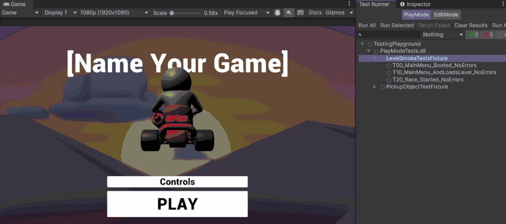 A full smoke test run, launched from the unity test runner. It loads the menu, enters the track, waits for the countdown, then exits the game with three green ticks.