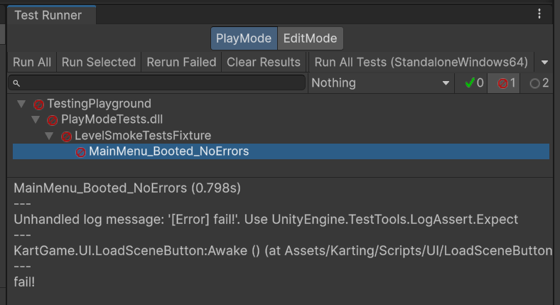 A unity Test Runner window, showing our test in red, with text below saying there was an unhandled log message.